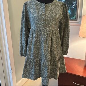 Gap Kids Green Corduroy Floral Casual Long Sleeve Buttoned Dress